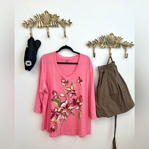 100% cotton exotic print salmon pink top Xl ptp